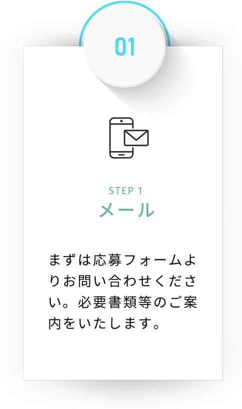 STEP 1メール まずは応募フォームよりお問い合わせください。必要書類等のご案内をいたします。